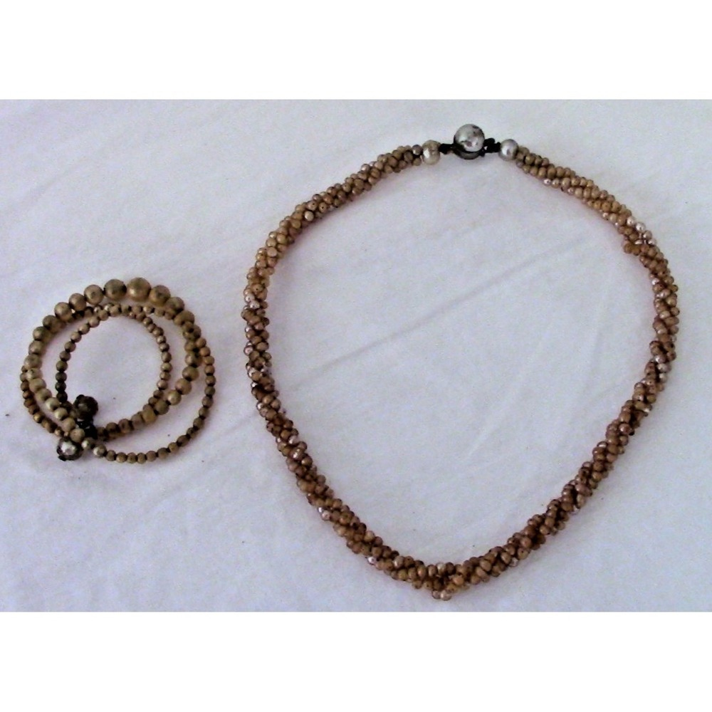 Vintage Beaded Jewelry Set – Multi-Strand Necklace & Bracelet – Earth Tones